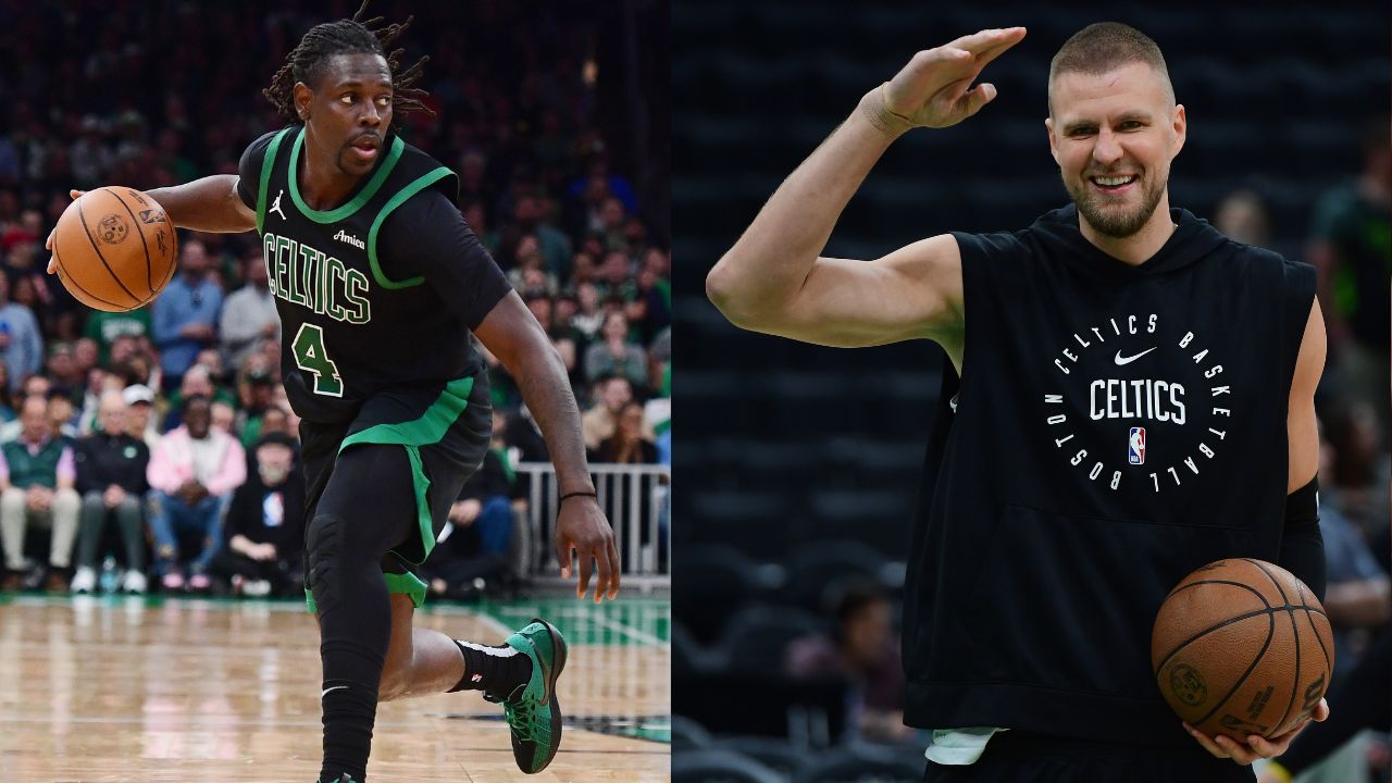 Jrue Holiday (L), Kristaps Porzingis (R)