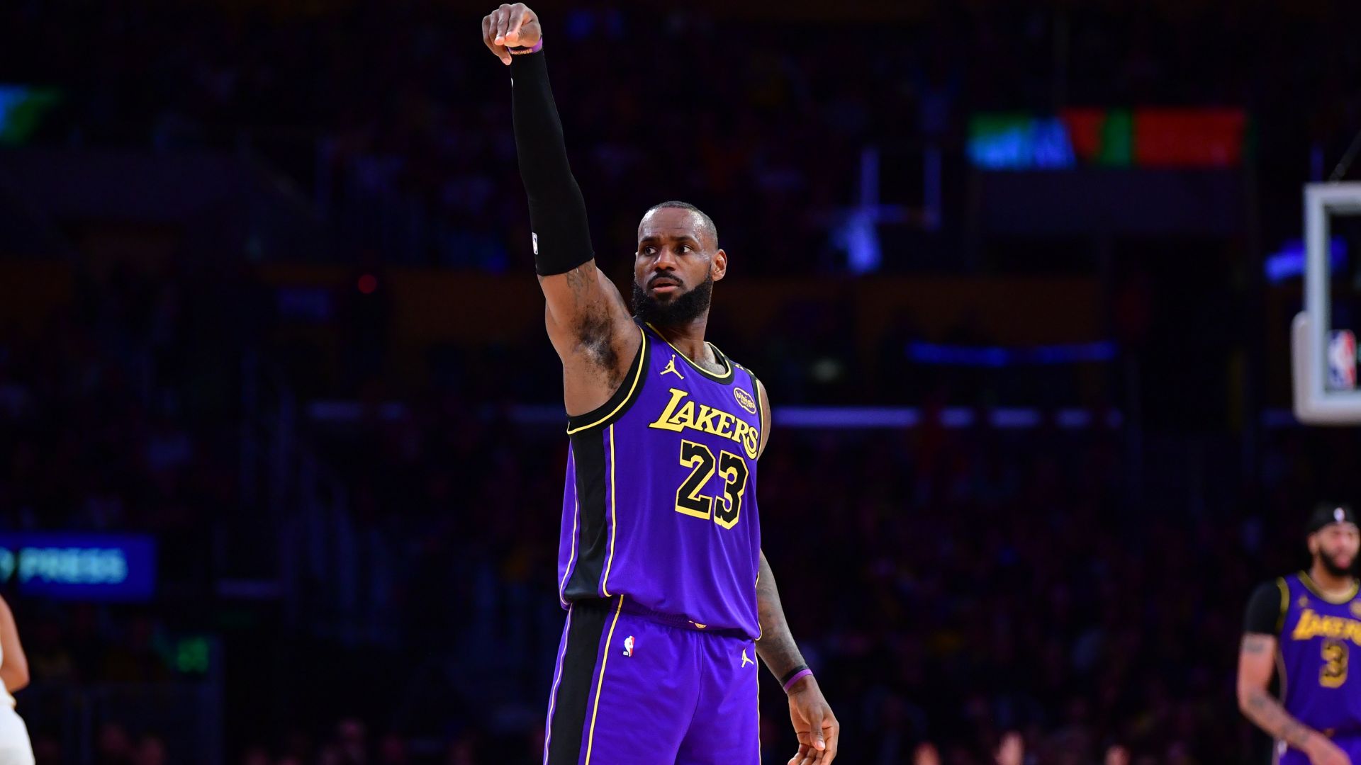 Jan 3, 2025; Los Angeles, California, USA; Los Angeles Lakers forward LeBron James (23) reacts after scoring three point basket against the Atlanta Hawks during the second half at Crypto.com Arena