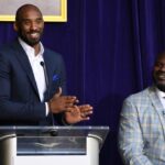 Kobe Bryant (left) speaks during ceremony to unveil statue of Los Angeles Lakers former center Shaquille O'Neal at Staples Center.