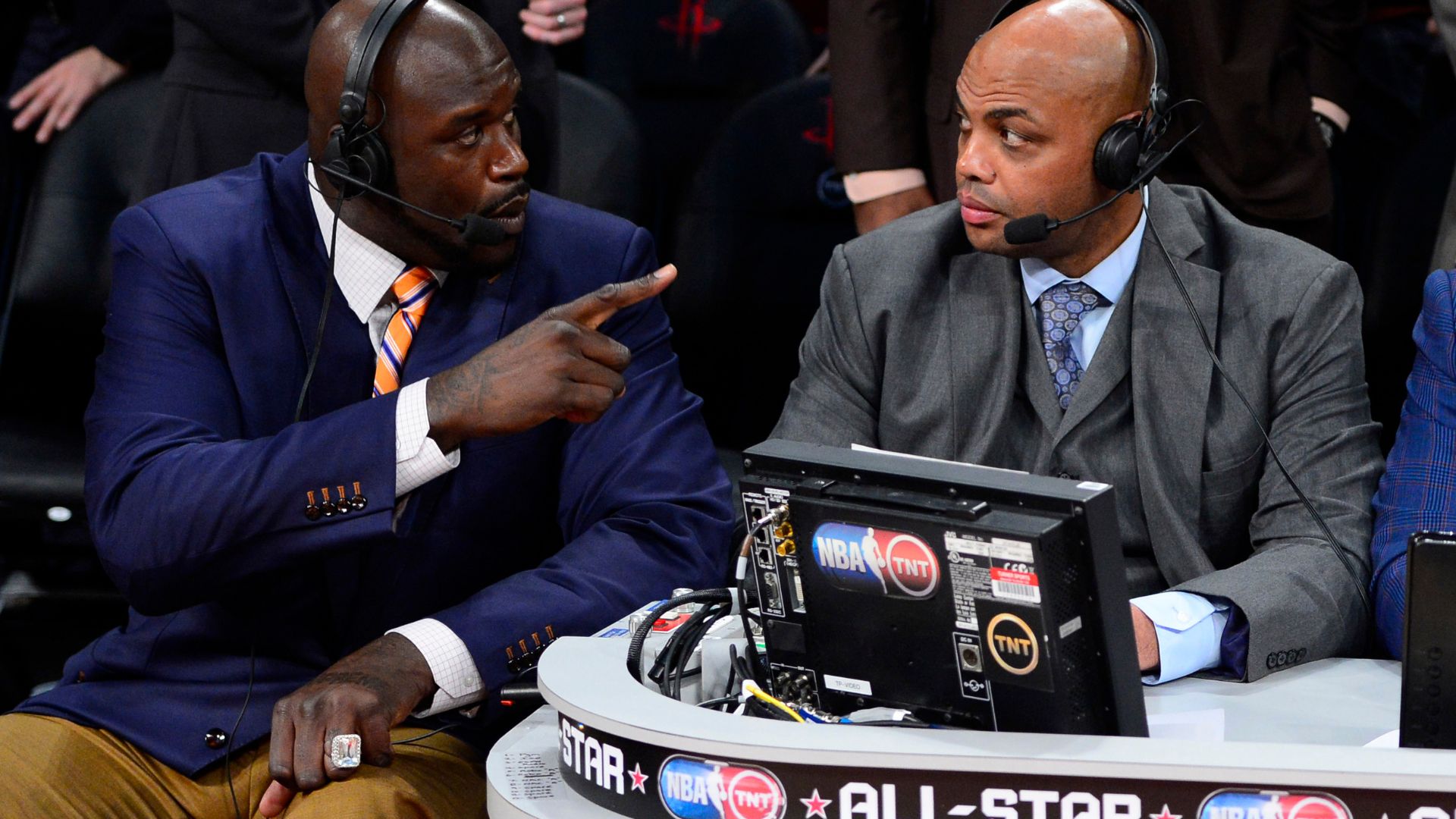 Feb 16, 2013; Houston, TX, USA; TNT broadcaster Shaquille O'Neal (left) and Charles Barkley talk during the 2013 NBA All-Star slam dunk contest at the Toyota Center