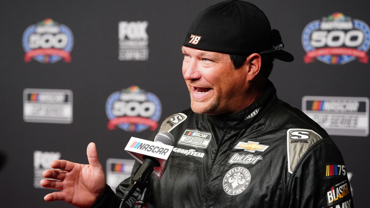 NASCAR Cup Series driver BJ McLeod (78) speaks with reporters during media day at Daytona International Speedway.