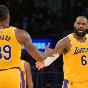 Los Angeles Lakers center Dwight Howard (39) is met by Los Angeles Lakers forward LeBron James (6) in the first half of the game against the Utah Jazz at Crypto.com Arena.