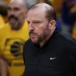 New York Knicks head coach Tom Thibodeau looks on prior to game six of the eastern conference finals against the Indiana Pacers for the 2025 NBA Playoffs at Gainbridge Fieldhouse.