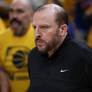 New York Knicks head coach Tom Thibodeau looks on prior to game six of the eastern conference finals against the Indiana Pacers for the 2025 NBA Playoffs at Gainbridge Fieldhouse.