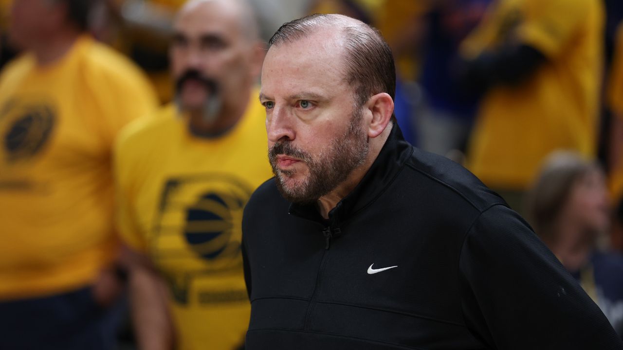 New York Knicks head coach Tom Thibodeau looks on prior to game six of the eastern conference finals against the Indiana Pacers for the 2025 NBA Playoffs at Gainbridge Fieldhouse.