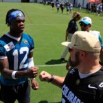 Jacksonville Jaguars wide receiver Travis Hunter (12) greets fans during the second mandatory minicamp at Miller Electric Center Wednesday, June 11, 2025 in Jacksonville, Fla.