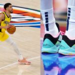 Tyrese Haliburton in Game 1 of the NBA Finals (L), Tyrese Haliburton's Kobe 5 'Fiesta' PEs (R)