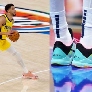 Tyrese Haliburton in Game 1 of the NBA Finals (L), Tyrese Haliburton's Kobe 5 'Fiesta' PEs (R)
