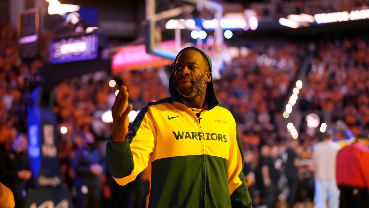 Golden State Warriors forward Draymond Green (23) blows a kiss towards the crowd before the start of the game against the Minnesota Timberwolves during game four of the second round for the 2025 NBA Playoffs at Chase Center.
