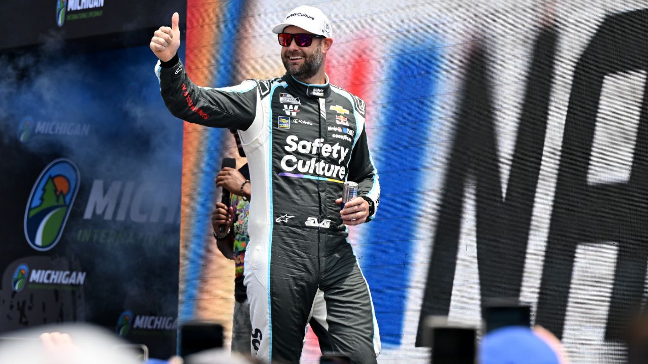 NASCAR Cup Series driver Shane van Gisbergen (88) greets the crowd during driver introductions before the start of the FireKeepers Casino 400 at Michigan International Speedway.