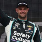 Trackhouse Racing driver Shane van Gisbergen celebrates winning on the podium after winning the NASCAR Cup Series Mexico City Race at Autodromo Hermanos Rodriguez.