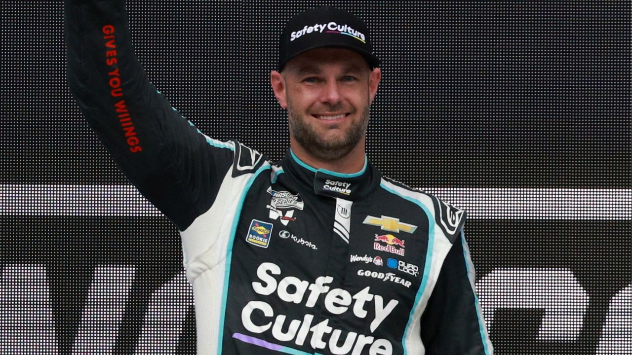 Trackhouse Racing driver Shane van Gisbergen celebrates winning on the podium after winning the NASCAR Cup Series Mexico City Race at Autodromo Hermanos Rodriguez.