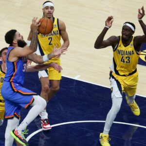Jun 19, 2025; Indianapolis, Indiana, USA; Oklahoma City Thunder forward Kenrich Williams (34) shoots the ball against the Indiana Pacers in the fourth quarter during game six of the 2025 NBA Finals at Gainbridge Fieldhouse. Mandatory Credit: Trevor Ruszkowski-Imagn Images