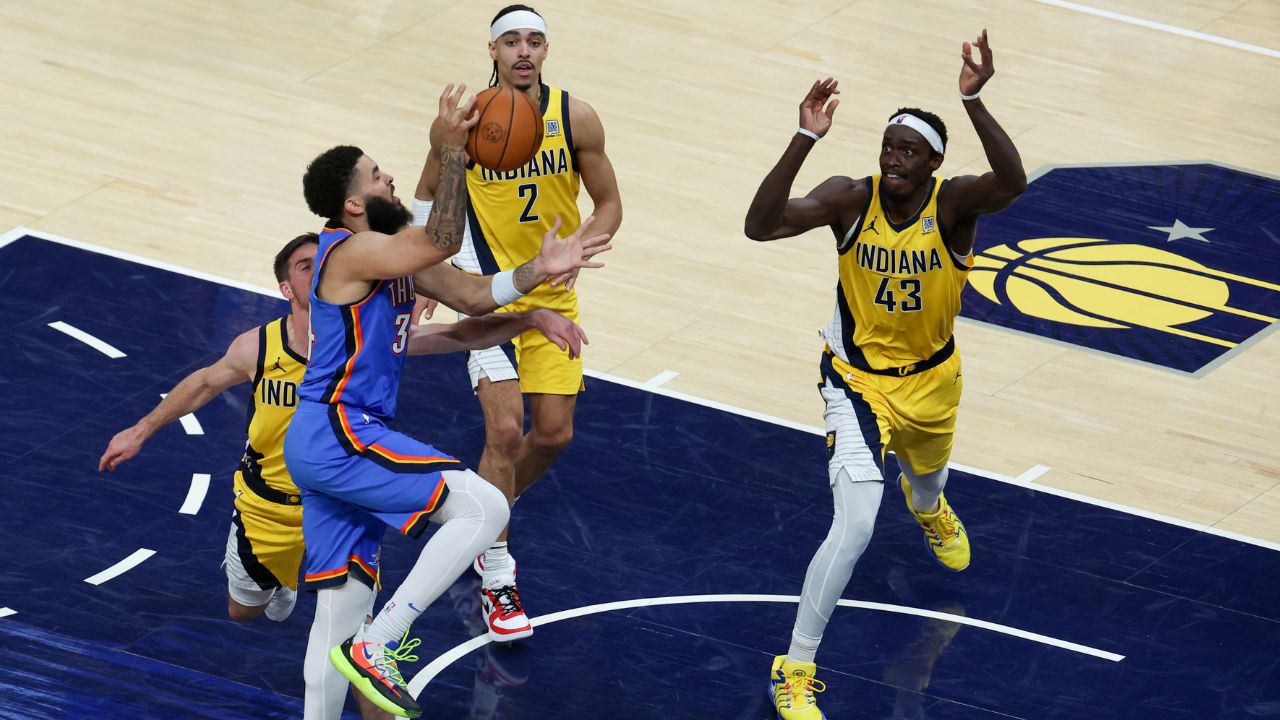 Jun 19, 2025; Indianapolis, Indiana, USA; Oklahoma City Thunder forward Kenrich Williams (34) shoots the ball against the Indiana Pacers in the fourth quarter during game six of the 2025 NBA Finals at Gainbridge Fieldhouse. Mandatory Credit: Trevor Ruszkowski-Imagn Images