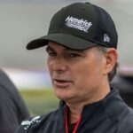 Former driver Jeff Gordon talks with the media during Jack Link's 500 qualifying at Talladega Superspeedway.
