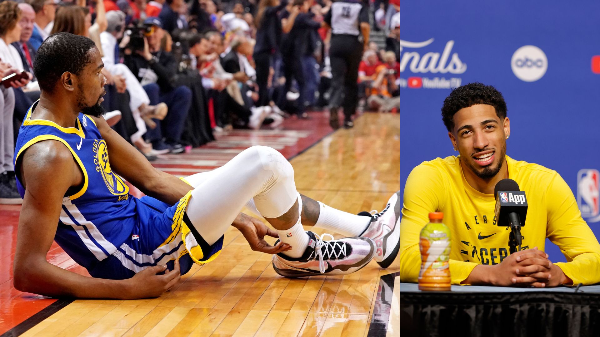 Kevin Durant (L) and Tyrese Haliburton (R)