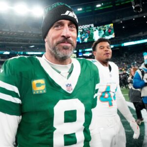 New York Jets quarterback Aaron Rodgers (8) is shown after he led Gang Green to a 32-20 victory against the Miami Dolphins, on Jan. 5, 2025, in East Rutherford, N.J.