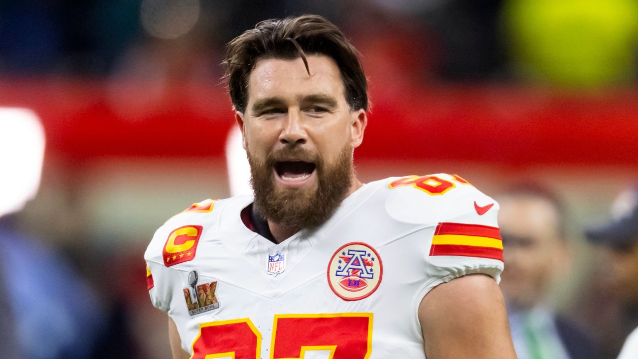 Kansas City Chiefs tight end Travis Kelce (87) against the Philadelphia Eagles in Super Bowl LIX at Ceasars Superdome.