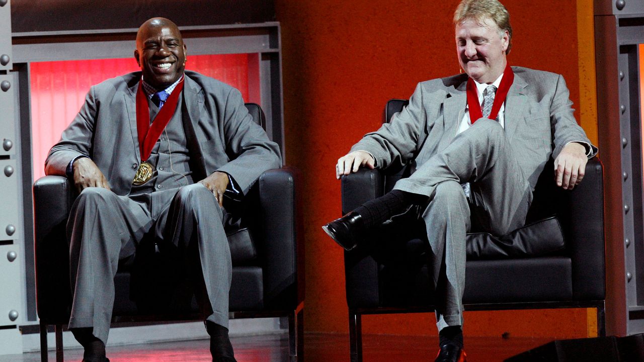 Hall of Fame Earvin Magic Johnson and Larry Bird were inducted into the National Collegiate Basketball Hall of Fame in Kansas City, Missouri, Sunday, November 22, 2009.