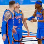 Jun 8, 2025; Oklahoma City, Oklahoma, USA; Oklahoma City Thunder center Isaiah Hartenstein (55) and guard Alex Caruso (9) and guard Shai Gilgeous-Alexander (2) talk during the third quarter against the Indiana Pacers in game two of the 2025 NBA Finals at Paycom Center.