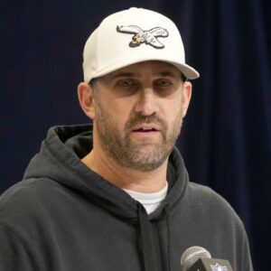 Philadelphia Eagles coach Nick Sirianni speaks during the NFL Scouting Combine at the Indiana Convention Center.