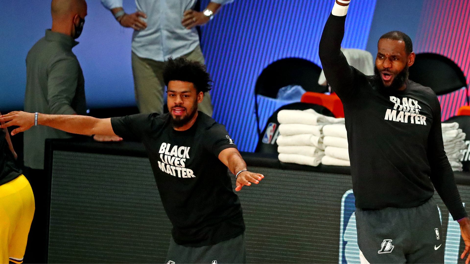 Aug 29, 2020; Lake Buena Vista, Florida, USA; Los Angeles Lakers forward LeBron James (23) celebrates with guard Quinn Cook (28) before playing the Portland Trail Blazers in game five of the first round of the 2020 NBA Playoffs at AdventHealth Arena.