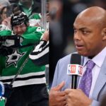 Mark Scheifele of the Winnipeg Jets fights with Roope Hintz of the Dallas Star (L), Charles Barkley (R)