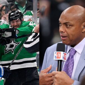 Mark Scheifele of the Winnipeg Jets fights with Roope Hintz of the Dallas Star (L), Charles Barkley (R)