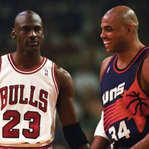 Bulls guard Michael Jordan and Suns forward Charles Barkley face off in the 1993 NBA Finals.