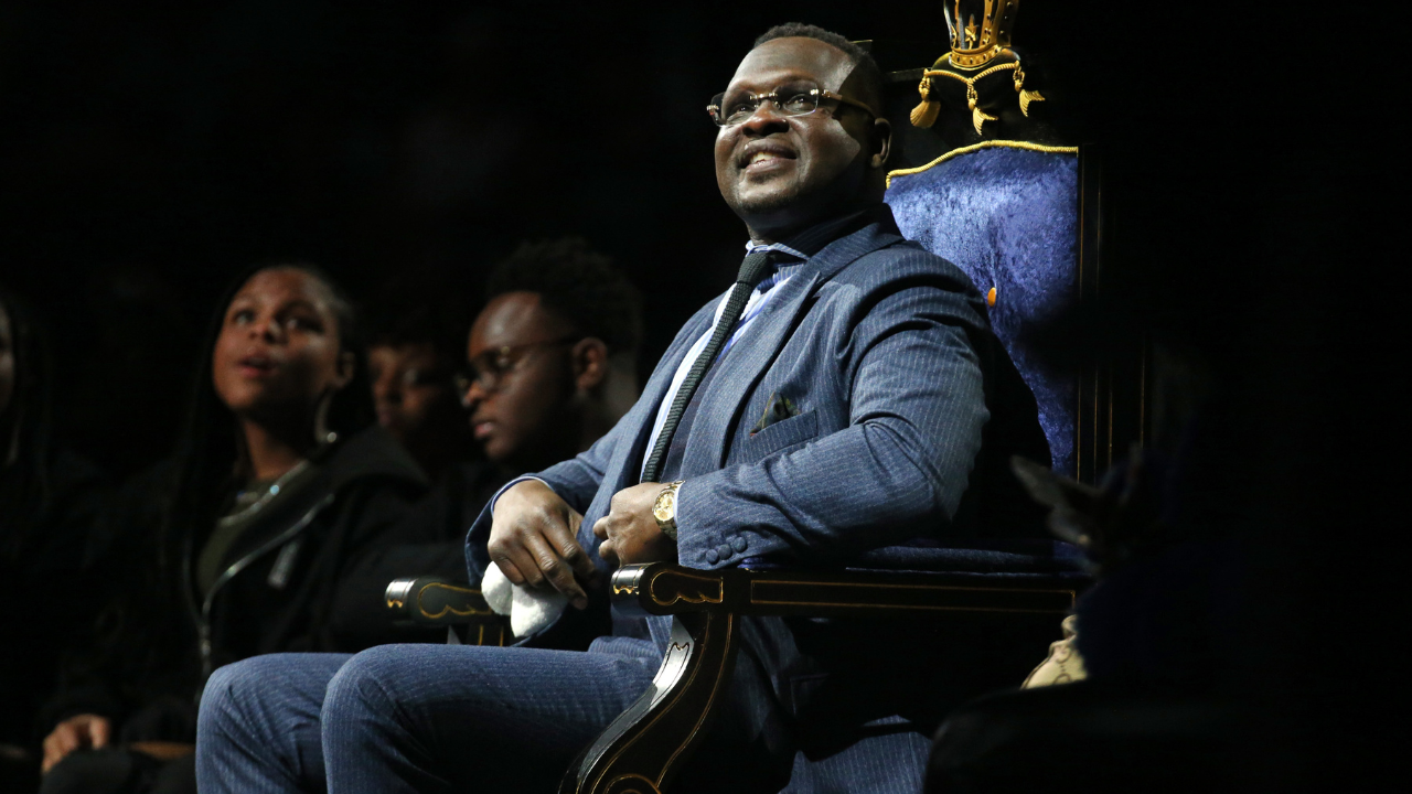 Former Memphis Grizzles Zach Randolph sits on stage during his jersey retirement ceremony