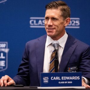 Former driver Carl Edwards speaks with the media after being inducted into the NASCAR Hall Of Fame at Charlotte Convention Center Crown Ballroom.