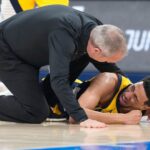 Jun 22, 2025; Oklahoma City, Oklahoma, USA; Indiana Pacers guard Tyrese Haliburton (0) reacts after suffering an injury during the first quarter against the Oklahoma City Thunder during game seven of the 2025 NBA Finals at Paycom Center.