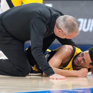 Jun 22, 2025; Oklahoma City, Oklahoma, USA; Indiana Pacers guard Tyrese Haliburton (0) reacts after suffering an injury during the first quarter against the Oklahoma City Thunder during game seven of the 2025 NBA Finals at Paycom Center.