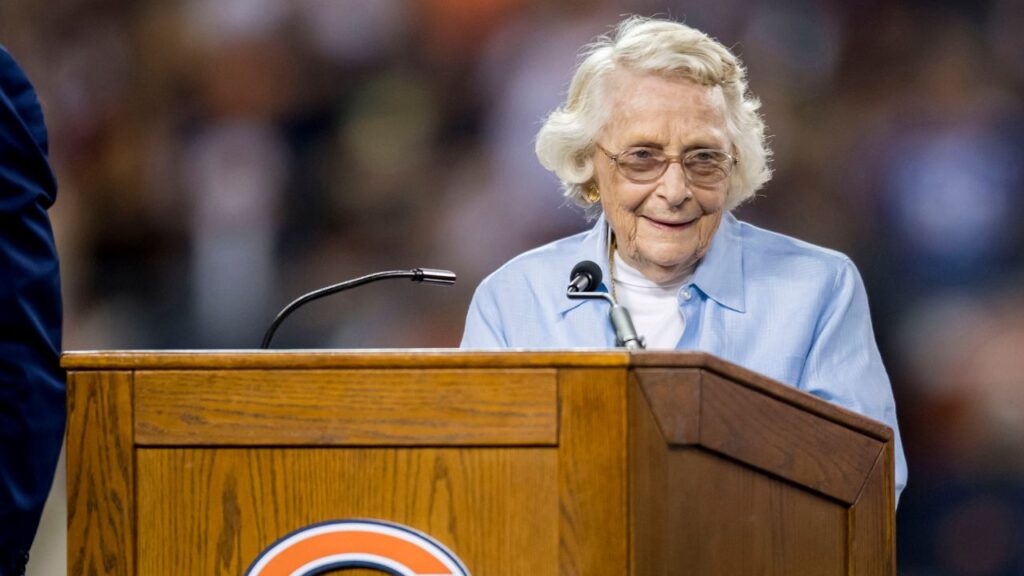 NFL's Chicago Bears owner Virginia Halas McCaskey speaks during a ceremony at half time of a game between the Bears and the Seattle Seahawks at Soldier Field.