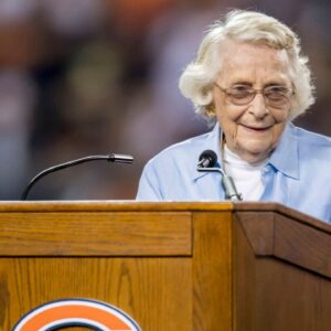 NFL's Chicago Bears owner Virginia Halas McCaskey speaks during a ceremony at half time of a game between the Bears and the Seattle Seahawks at Soldier Field.
