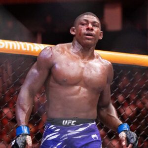 Joaquin Buckley stands bloodied during his fight against Kamaru Usman in a Welterweight fight during the UFC Fight Night event