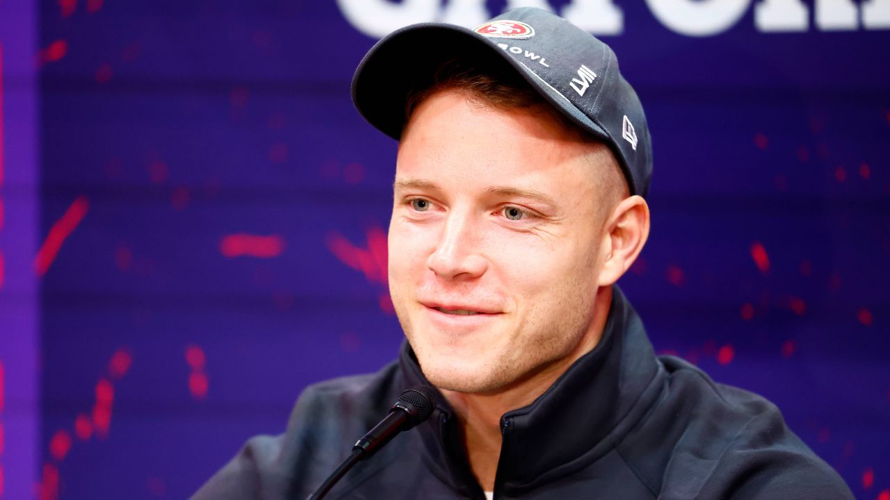 Running back Christian McCaffrey 23 of the San Francisco 49ers is interviewed during the Super Bowl LVIII Opening Night presented by Gatorade featuring the AFC Champion Kansas City Chiefs and the NFC Champion San Francisco 49ers on February 5, 2024 at Allegiant Stadium in Las Vegas, Nevada.