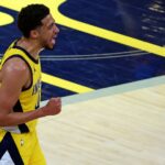 Jun 11, 2025; Indianapolis, Indiana, USA; Indiana Pacers guard Tyrese Haliburton (0) celebrates after beating the Oklahoma City Thunder in game three of the 2025 NBA Finals at Gainbridge Fieldhouse.