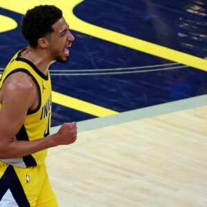 Jun 11, 2025; Indianapolis, Indiana, USA; Indiana Pacers guard Tyrese Haliburton (0) celebrates after beating the Oklahoma City Thunder in game three of the 2025 NBA Finals at Gainbridge Fieldhouse.
