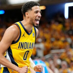 Indiana Pacers guard Tyrese Haliburton (0) reacts after a play against the Oklahoma City Thunder during the second half during game four of the 2025 NBA Finals at Gainbridge Fieldhouse.