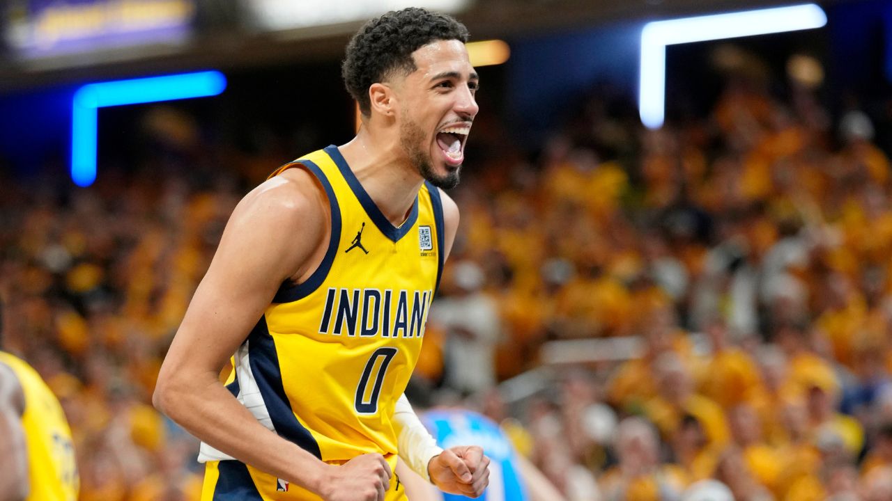 Indiana Pacers guard Tyrese Haliburton (0) reacts after a play against the Oklahoma City Thunder during the second half during game four of the 2025 NBA Finals at Gainbridge Fieldhouse.