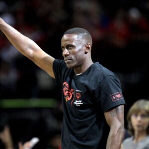 Houston Rockets former guard Vernon Maxwell waves to the crowd during a timeout against the Memphis Grizzlies during the third quarter at Toyota Center