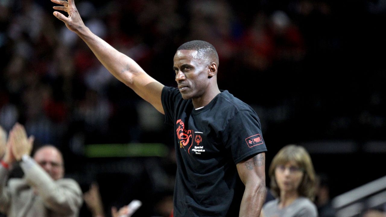 Houston Rockets former guard Vernon Maxwell waves to the crowd during a timeout against the Memphis Grizzlies during the third quarter at Toyota Center