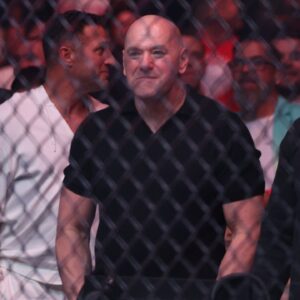 UFC CEO Dana White watches the fight between Cub Swanson (red gloves) and Billy Quarantillo (blue gloves) at Amalie Arena.