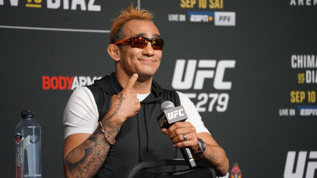 Tony Ferguson speaks to the media during the UFC 279 media day