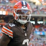Cleveland Browns wide receiver Jerry Jeudy (3) celebrates after scoring his first touchdown as a Brown during the second half of an NFL football game against the Dallas Cowboys at Huntington Bank Field, Sunday, Sept. 8, 2024, in Cleveland, Ohio.