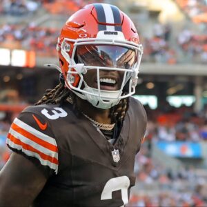 Cleveland Browns wide receiver Jerry Jeudy (3) celebrates after scoring his first touchdown as a Brown during the second half of an NFL football game against the Dallas Cowboys at Huntington Bank Field, Sunday, Sept. 8, 2024, in Cleveland, Ohio.