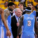 May 2, 2013; Oakland, CA, USA; Denver Nuggets head coach George Karl instructs in a huddle against the Golden State Warriors during the fourth quarter of game six of the first round of the 2013 NBA Playoffs at Oracle Arena. The Warriors defeated the Nuggets 92-88.