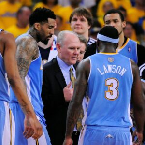 May 2, 2013; Oakland, CA, USA; Denver Nuggets head coach George Karl instructs in a huddle against the Golden State Warriors during the fourth quarter of game six of the first round of the 2013 NBA Playoffs at Oracle Arena. The Warriors defeated the Nuggets 92-88.