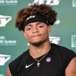 New York Jets quarterback Justin Fields (7) speaks at a press conference during minicamp at Atlantic Health Jets Training Center.